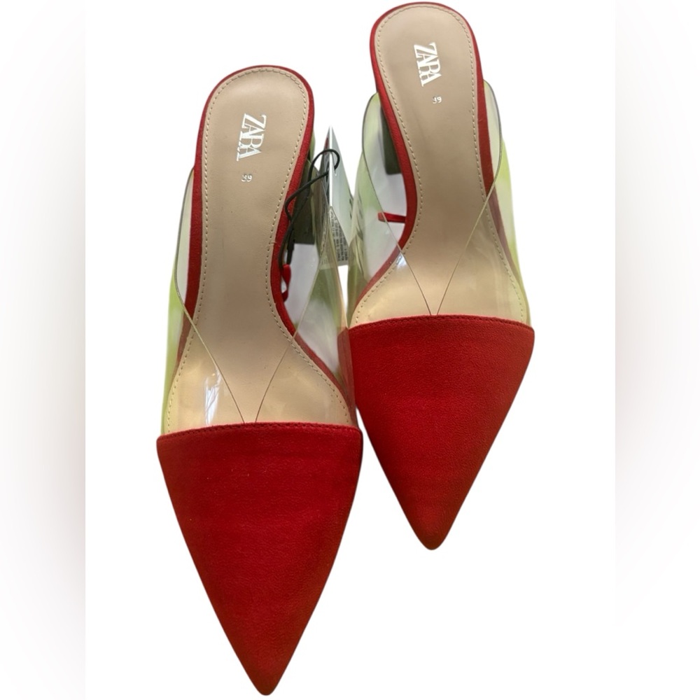 Zara Red and Clear Pointed Toe Mules